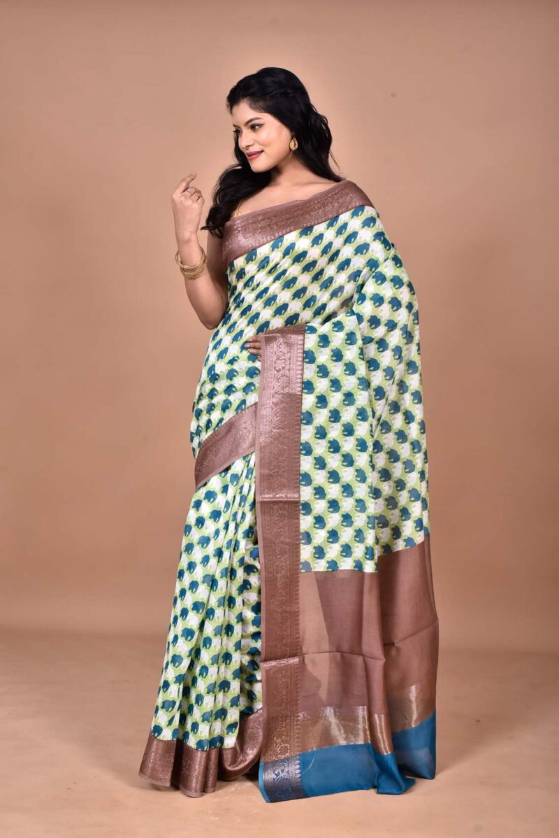 Silk Cotton Saree with Hand Screen Print (Green)