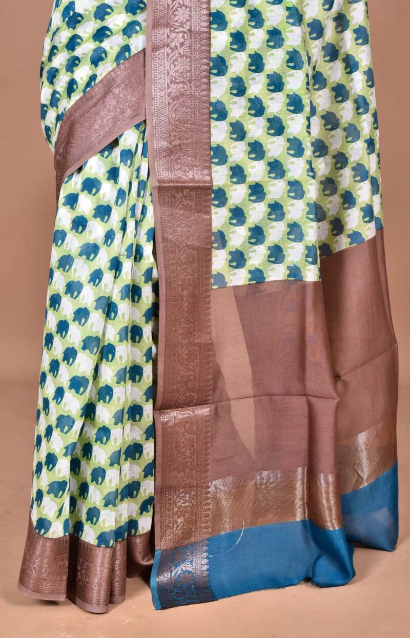 Silk Cotton Saree with Hand Screen Print (Green)