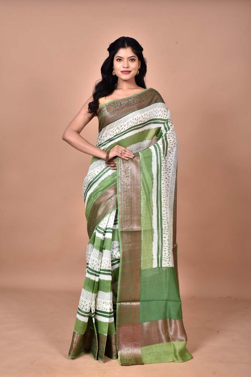 Silk Cotton Saree with Hand Screen Print (Green)