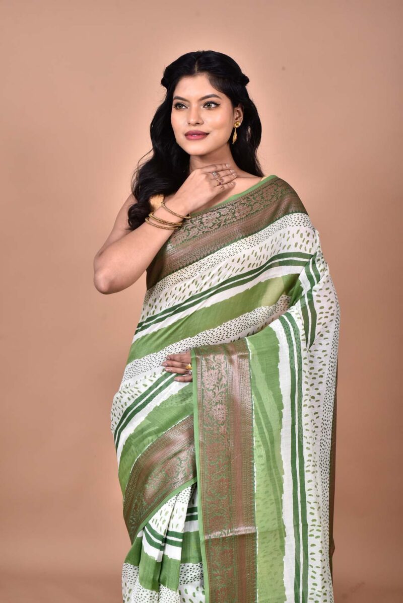 Silk Cotton Saree with Hand Screen Print (Green)