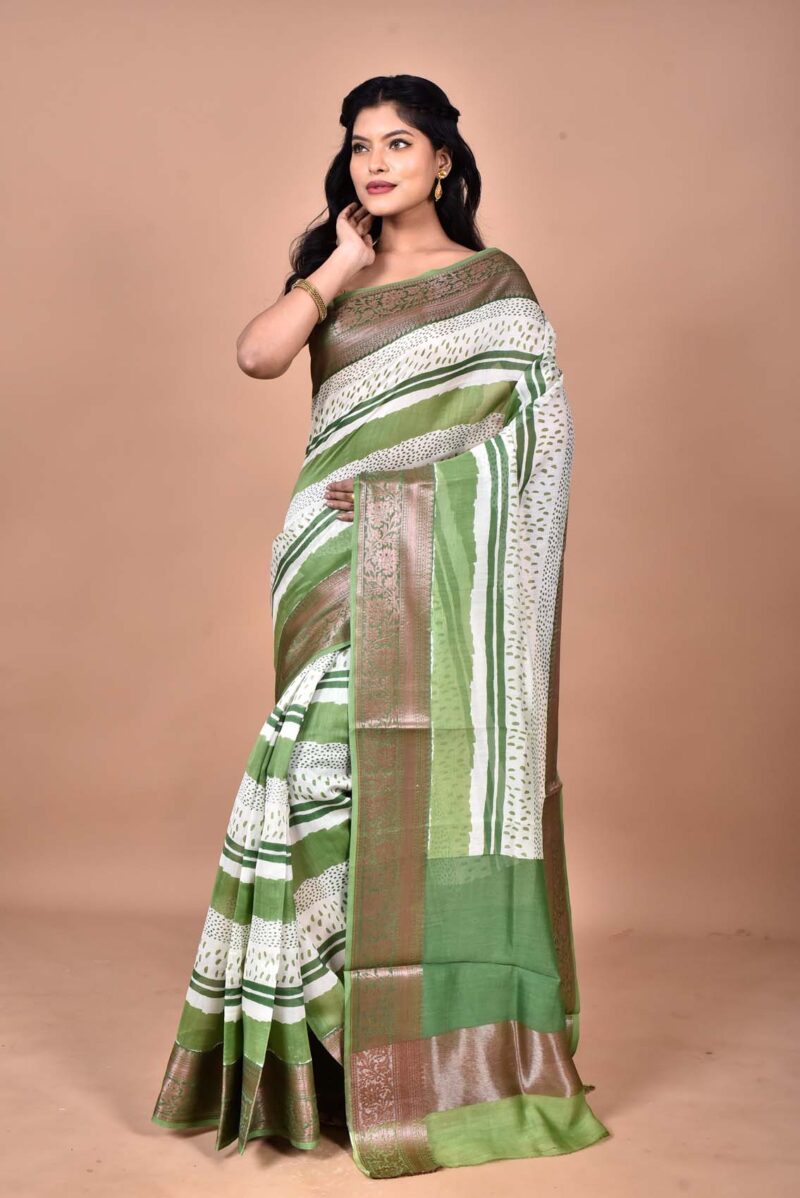 Silk Cotton Saree with Hand Screen Print (Green)