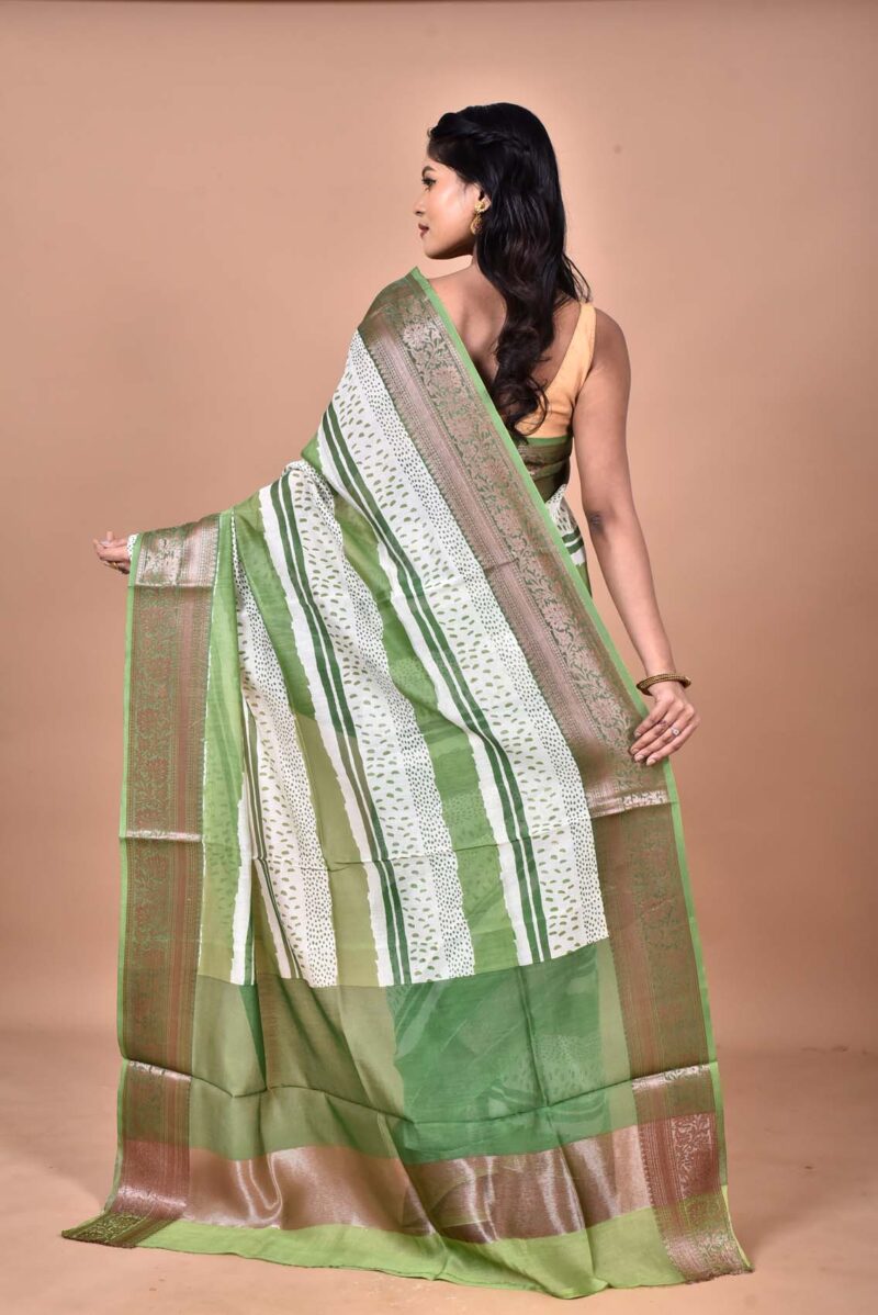 Silk Cotton Saree with Hand Screen Print (Green)