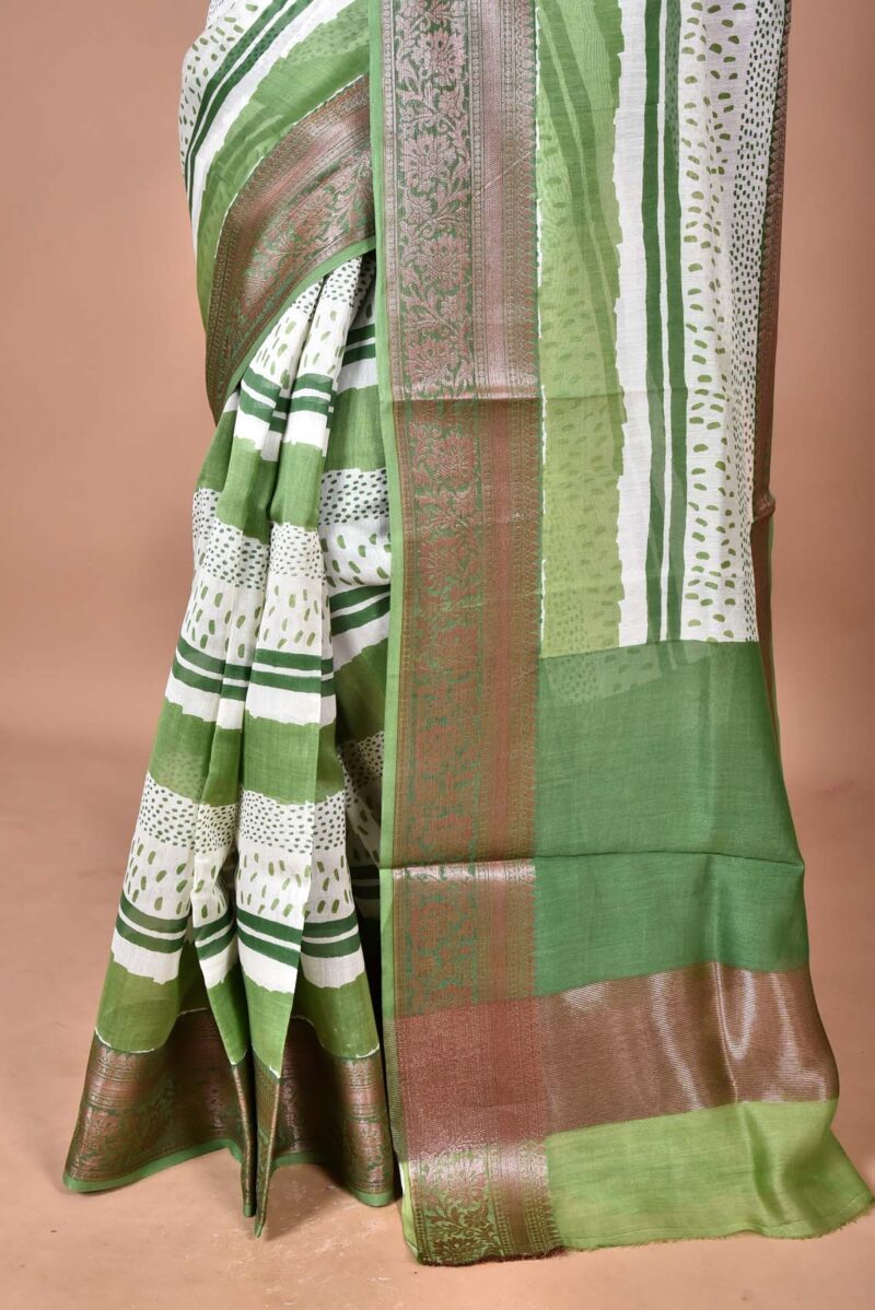 Silk Cotton Saree with Hand Screen Print (Green)