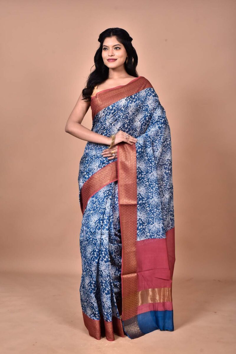 Silk Cotton Saree with Hand Screen Print (Dark Blue)