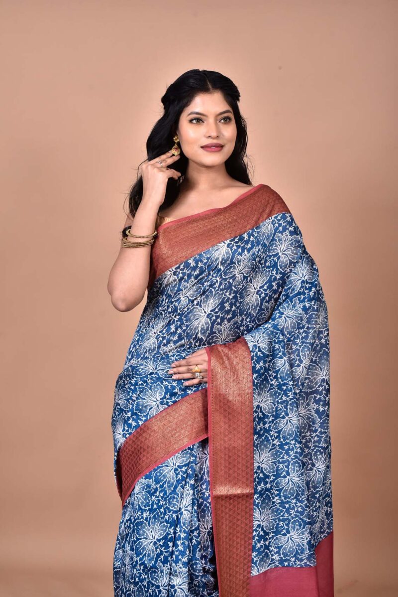 Silk Cotton Saree with Hand Screen Print (Dark Blue)