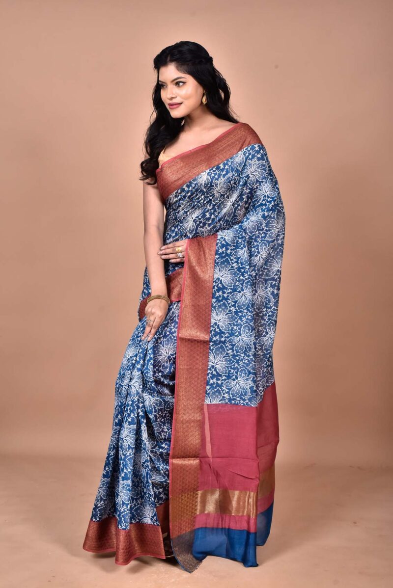 Silk Cotton Saree with Hand Screen Print (Dark Blue)