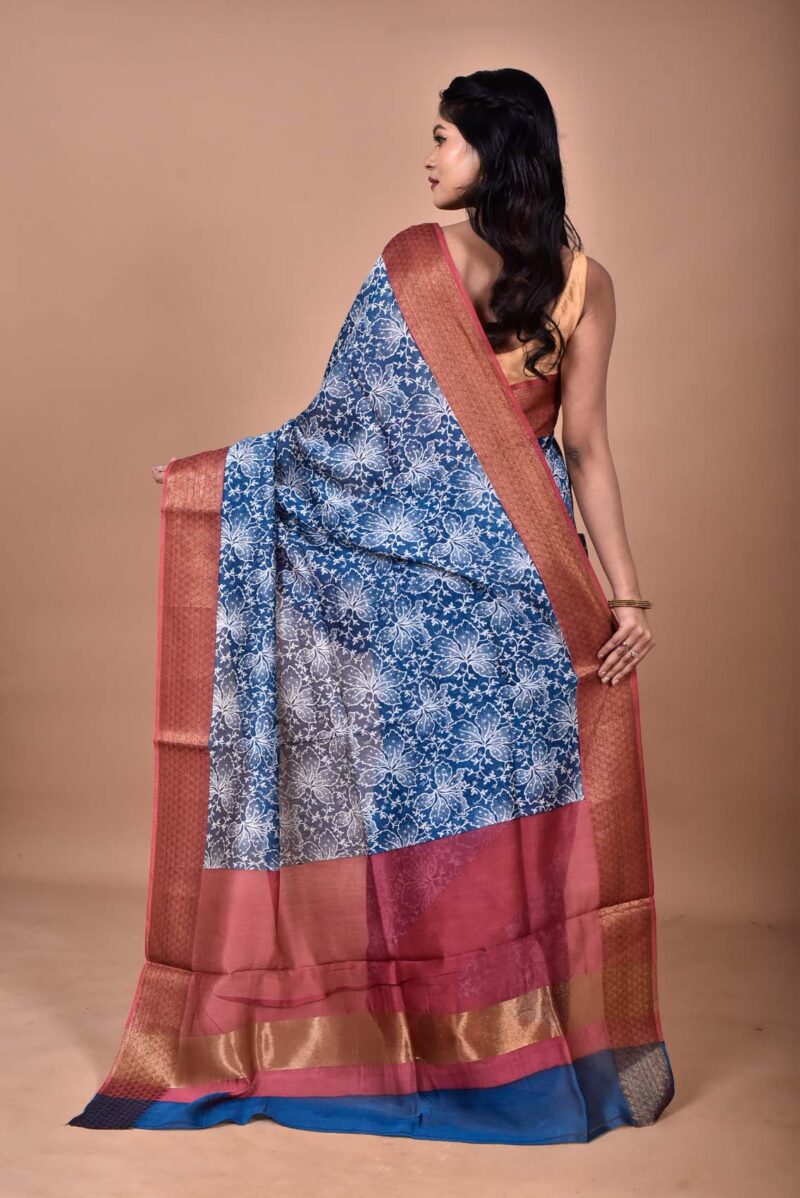 Silk Cotton Saree with Hand Screen Print (Dark Blue)