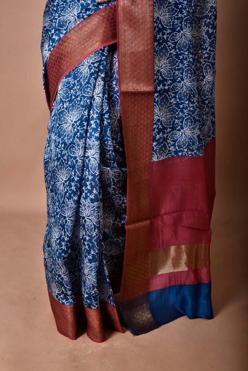 Silk Cotton Saree with Hand Screen Print (Dark Blue)