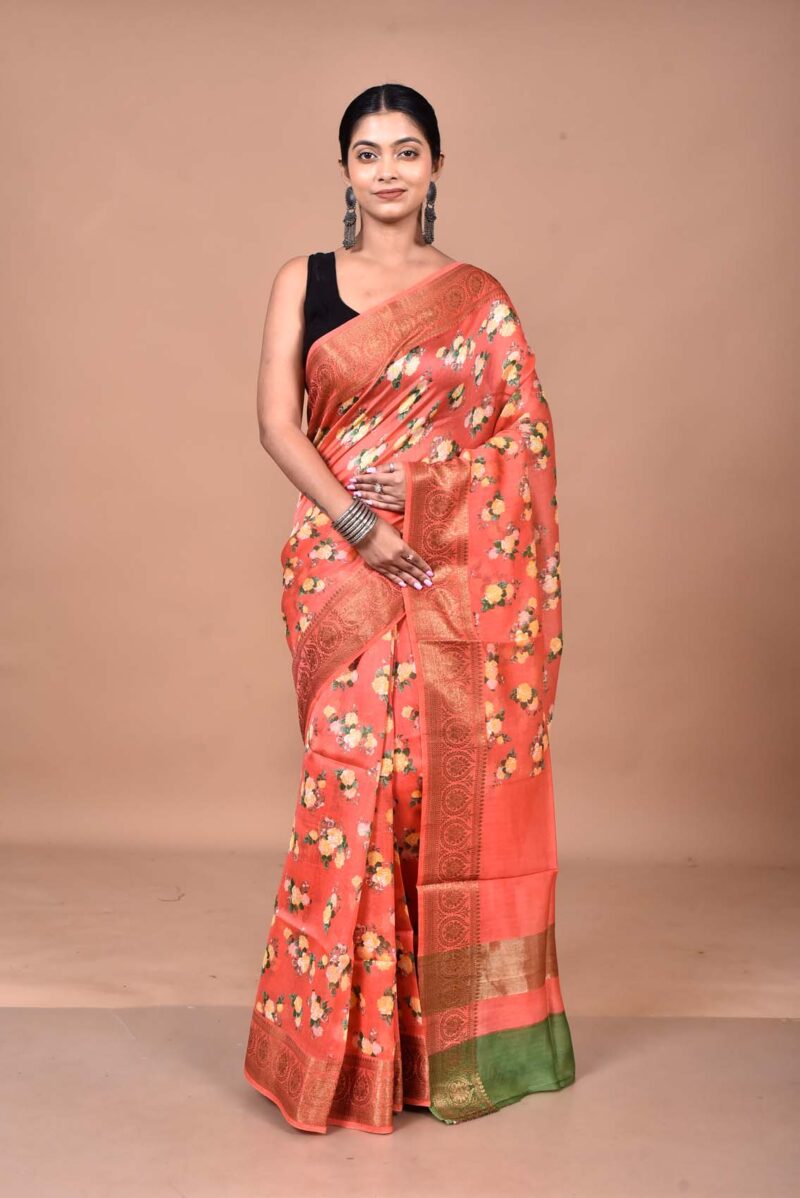 Silk Cotton Saree with Hand Screen Print (Red)