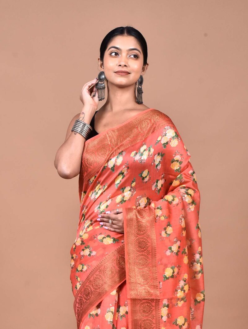 Silk Cotton Saree with Hand Screen Print (Red)