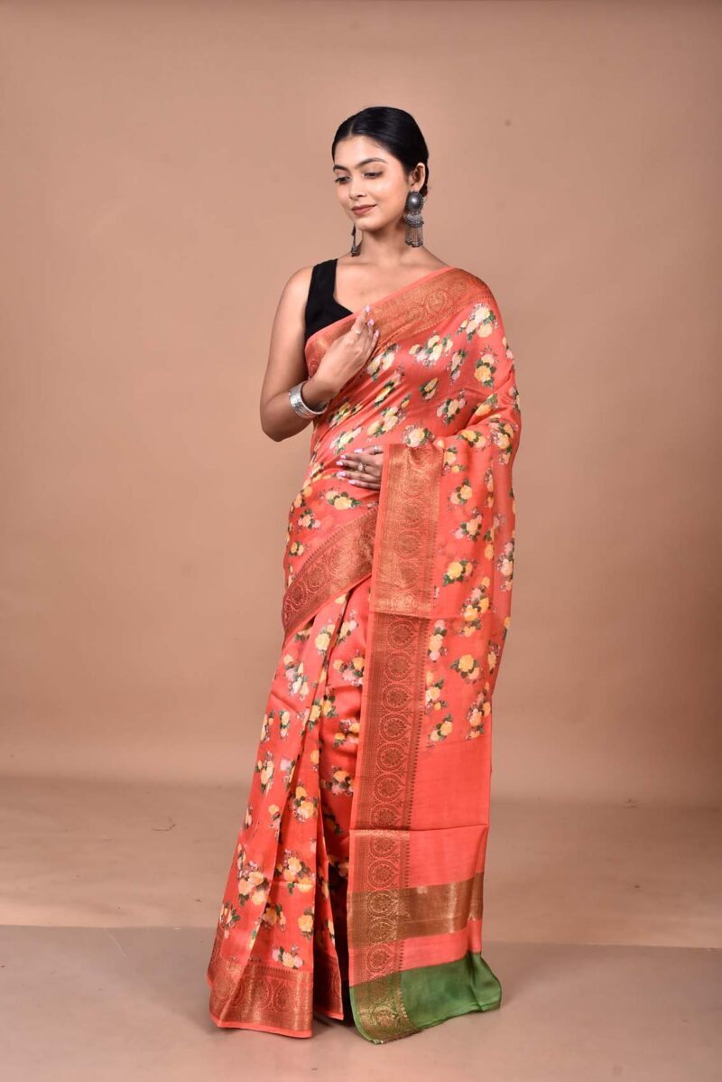 Silk Cotton Saree with Hand Screen Print (Red)