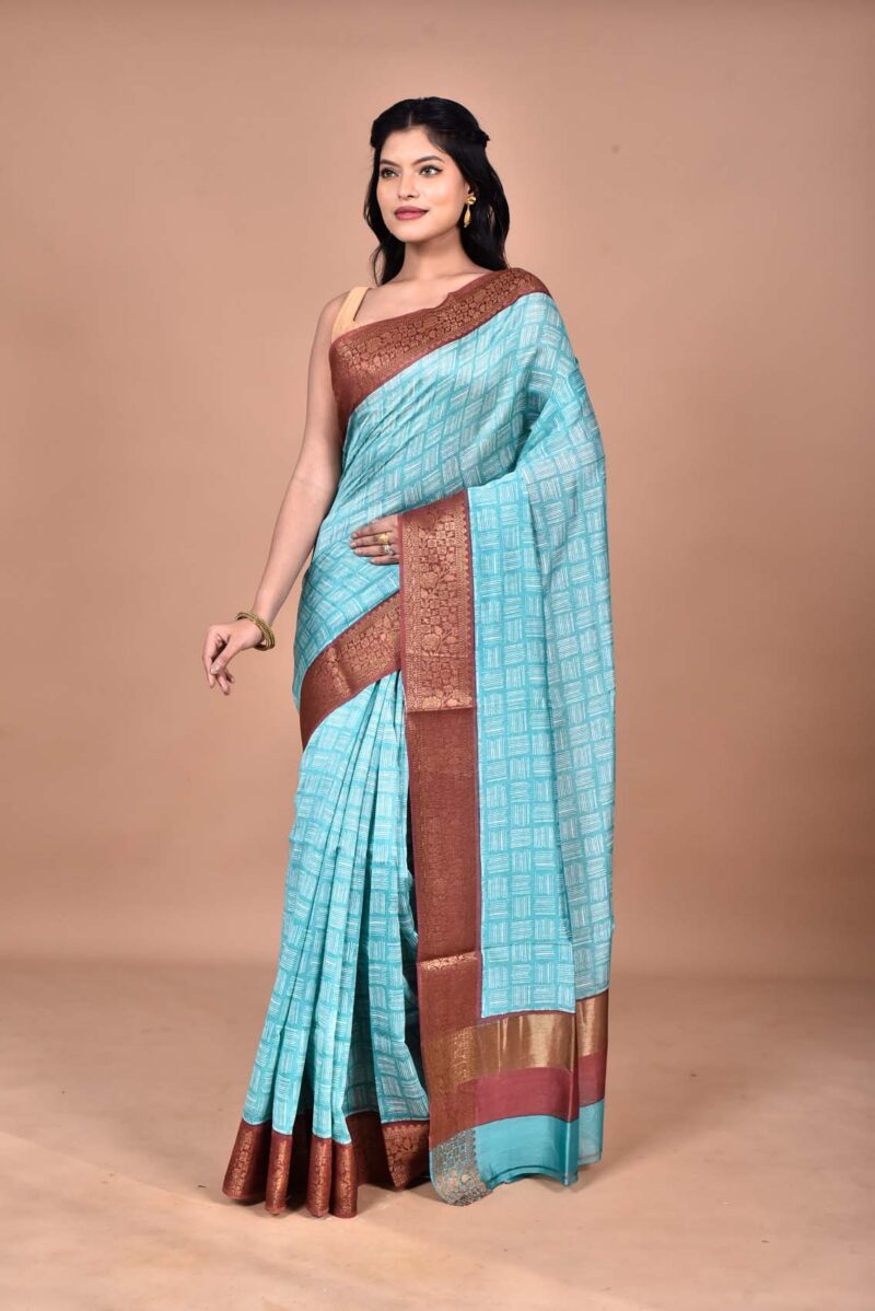 Silk Cotton Saree with Hand Screen Print (Green)