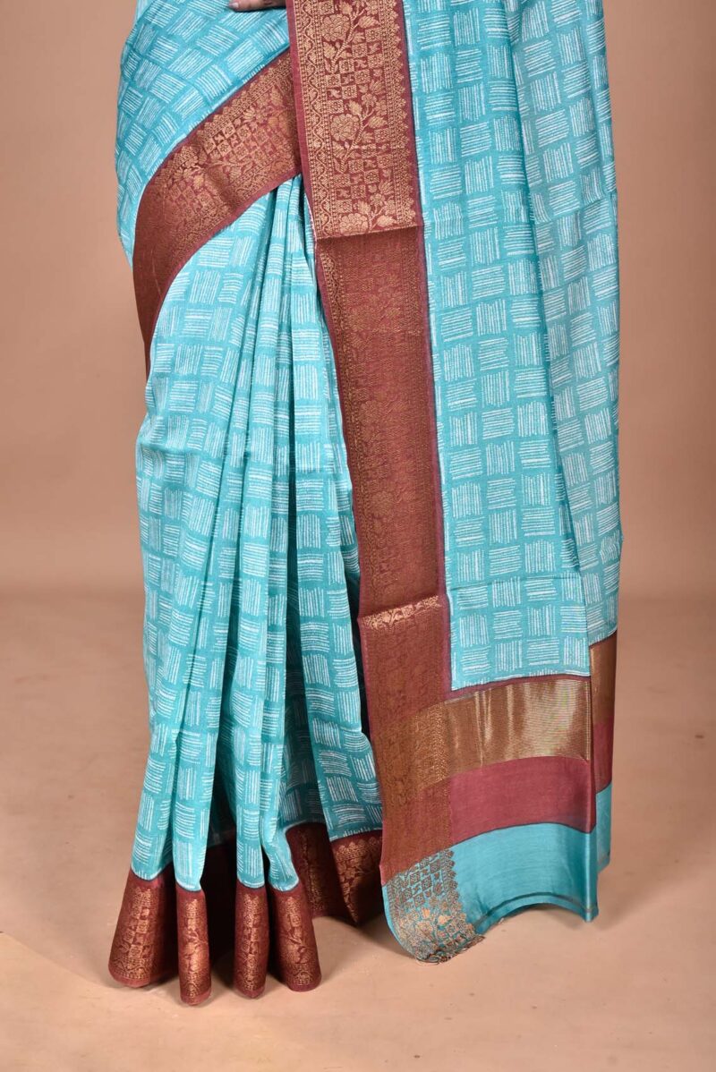 Silk Cotton Saree with Hand Screen Print (Green)