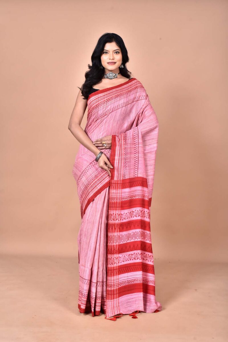 Tassar Ghichha Sarees with Hand Block Prints (Pink)