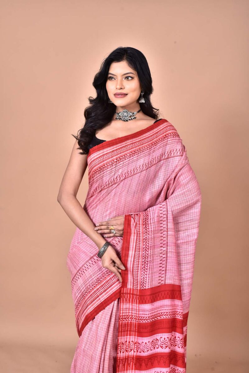 Tassar Ghichha Sarees with Hand Block Prints (Pink)