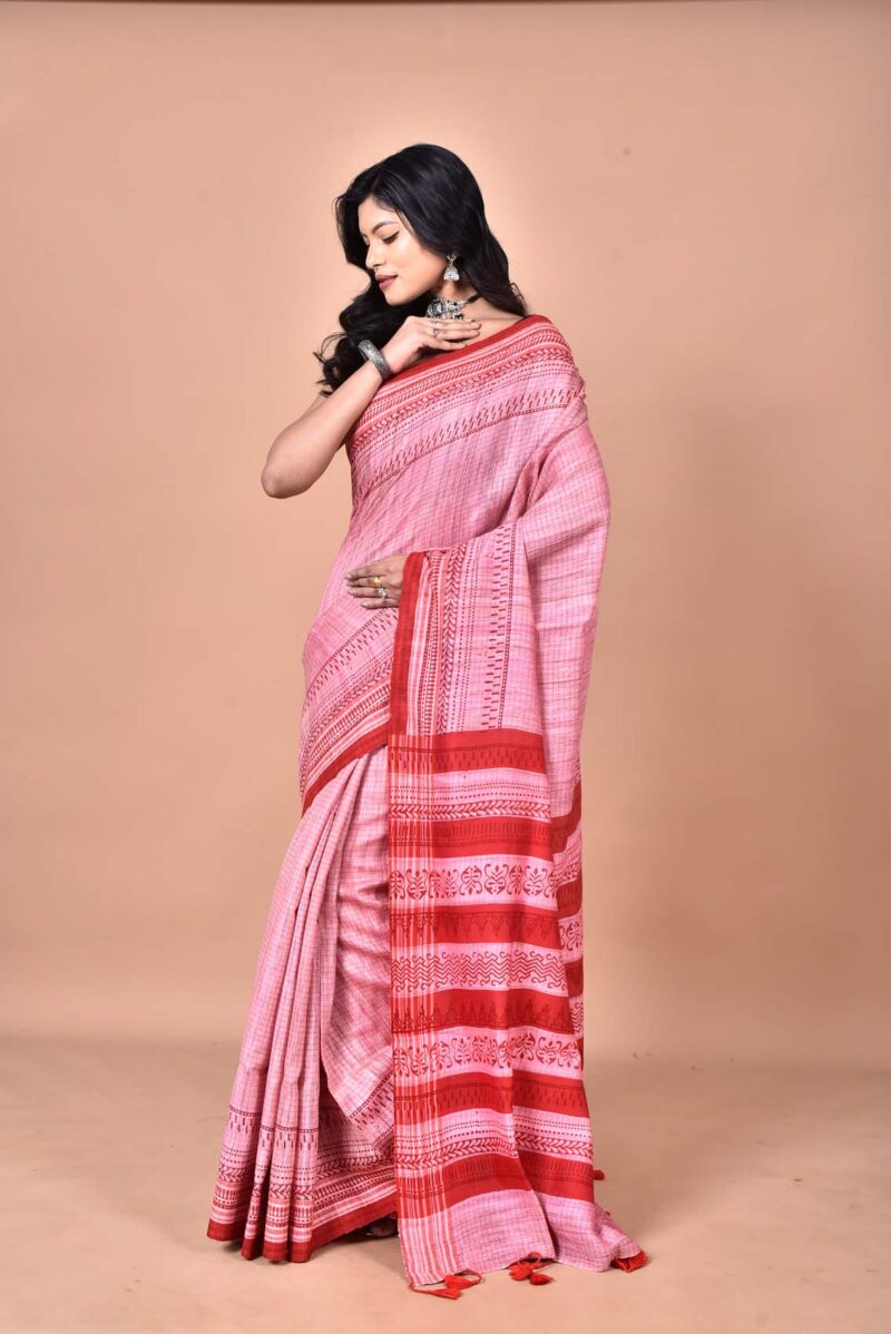 Tassar Ghichha Sarees with Hand Block Prints (Pink)