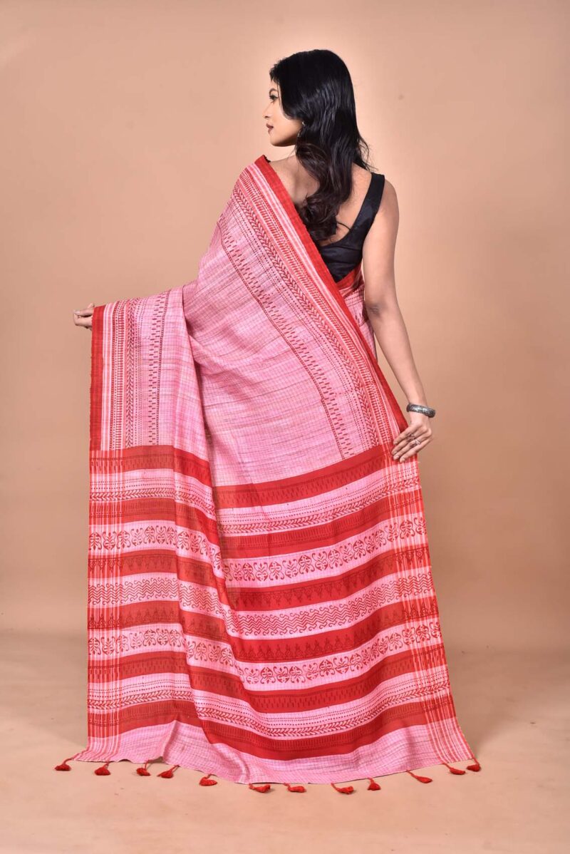 Tassar Ghichha Sarees with Hand Block Prints (Pink)