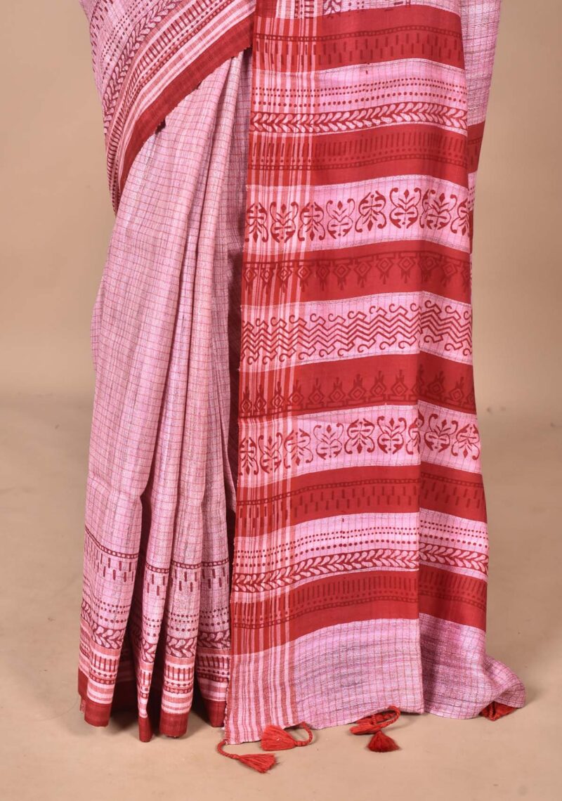 Tassar Ghichha Sarees with Hand Block Prints (Pink)