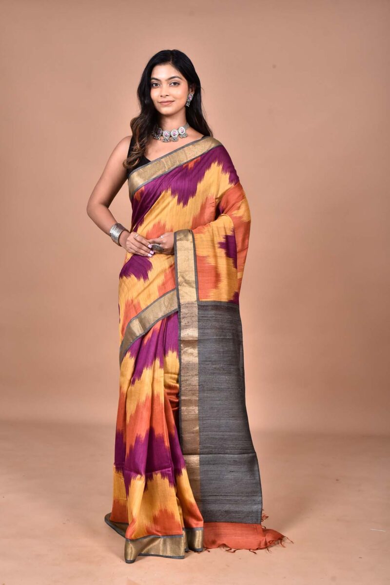 Tassar Moonga Sarees with Hand Screen Prints (Multi)