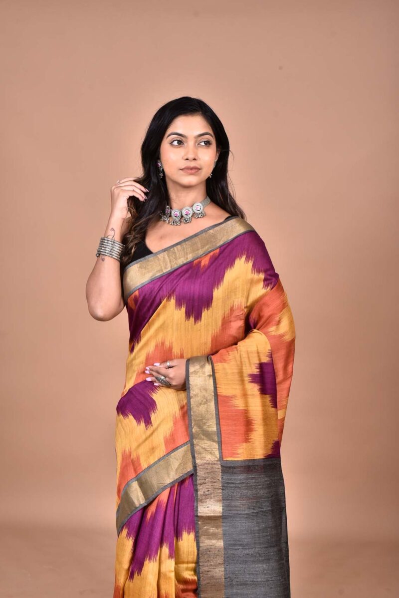 Tassar Moonga Sarees with Hand Screen Prints (Multi)