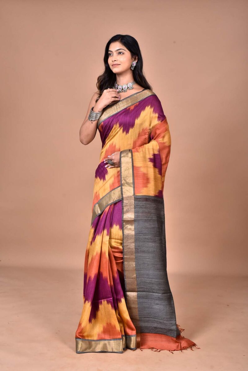 Tassar Moonga Sarees with Hand Screen Prints (Multi)