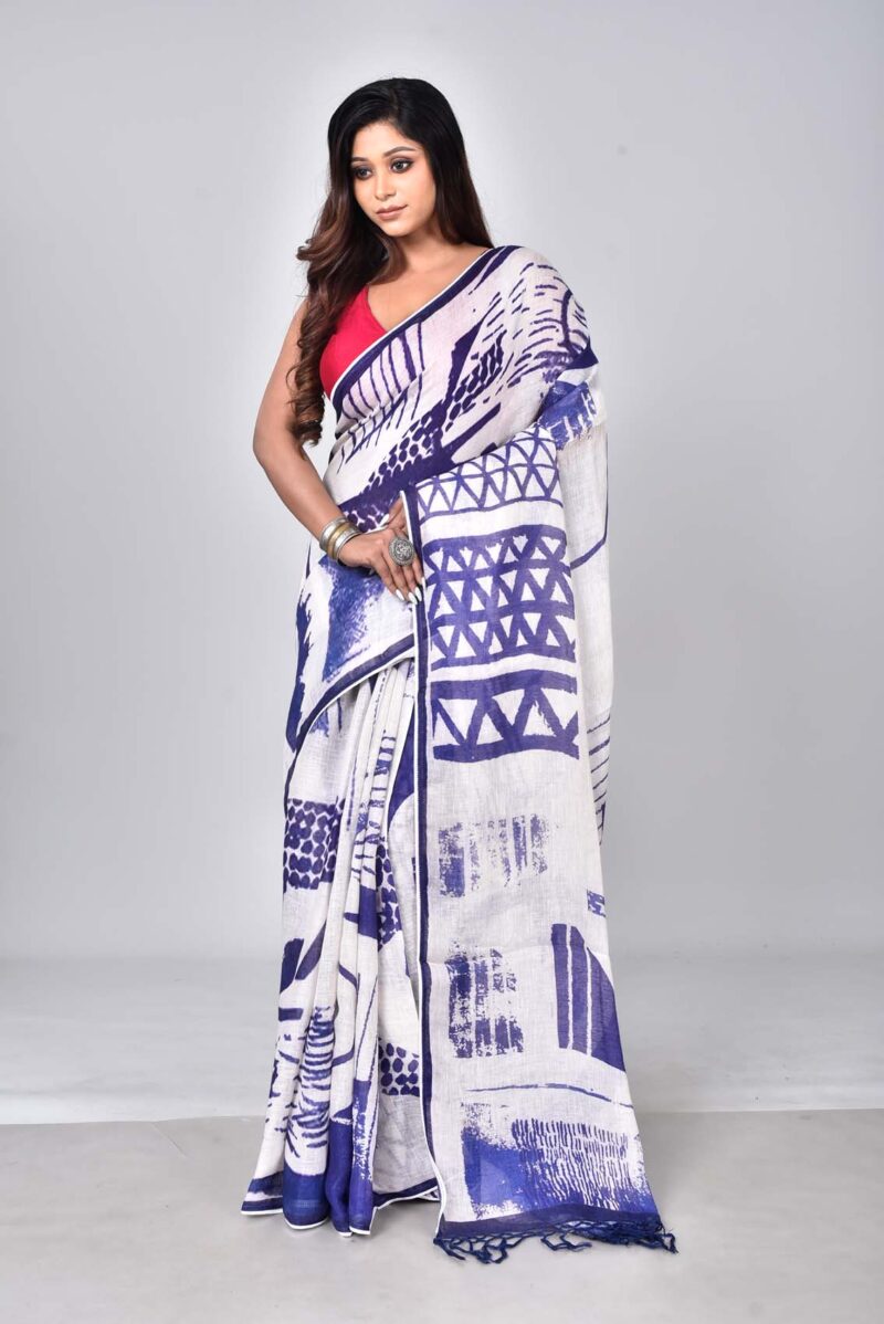 Lilen Saree with Digital Print (Dark Blue)