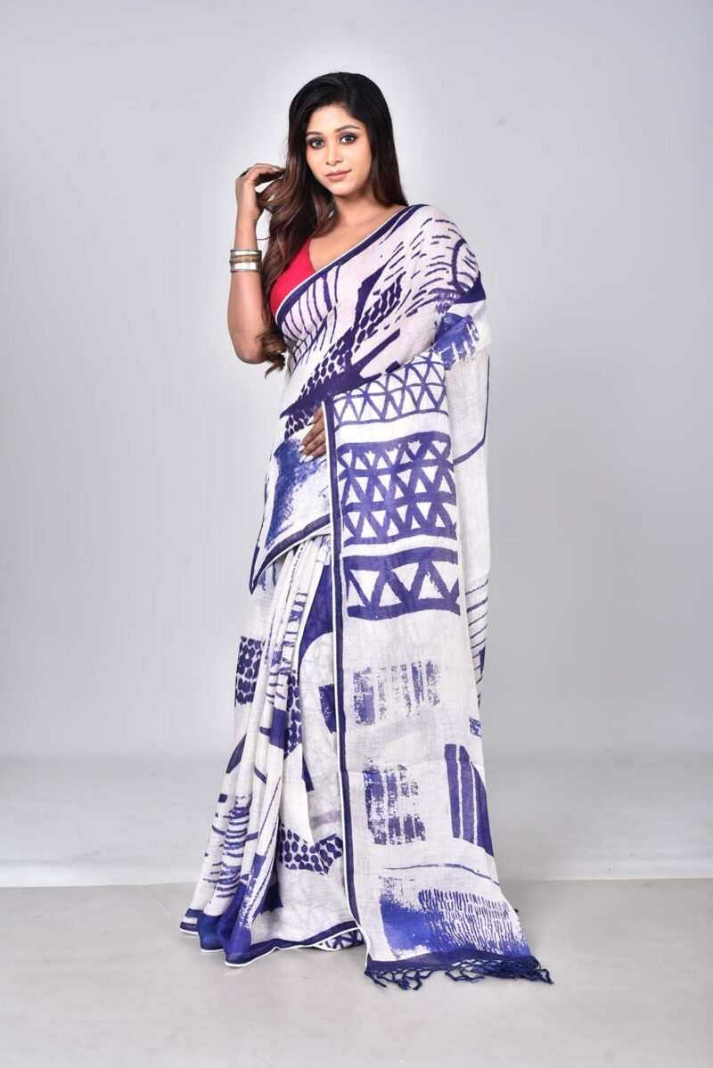 Lilen Saree with Digital Print (Dark Blue)