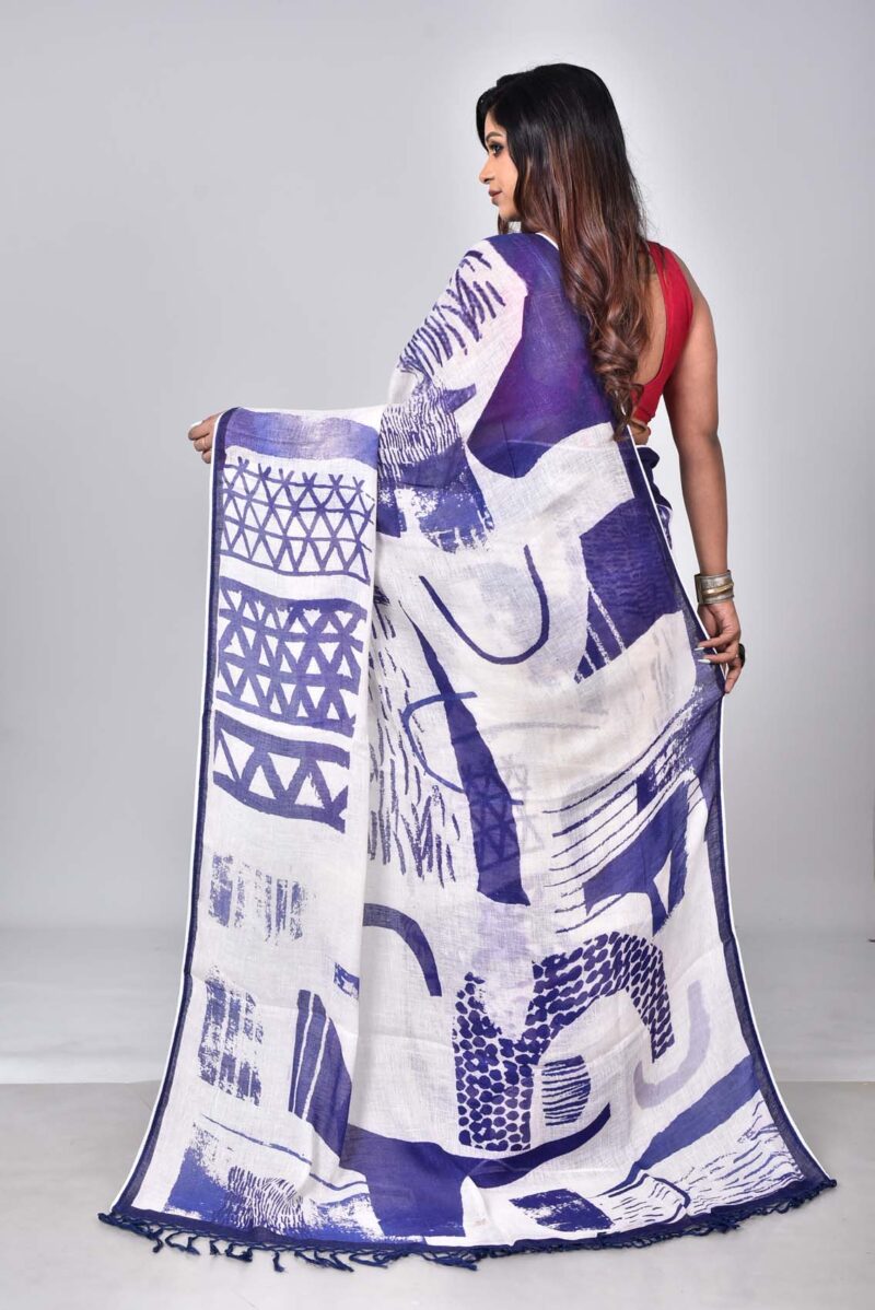 Lilen Saree with Digital Print (Dark Blue)