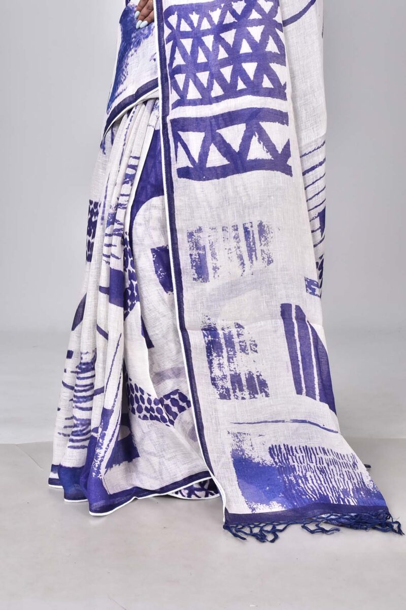 Lilen Saree with Digital Print (Dark Blue)