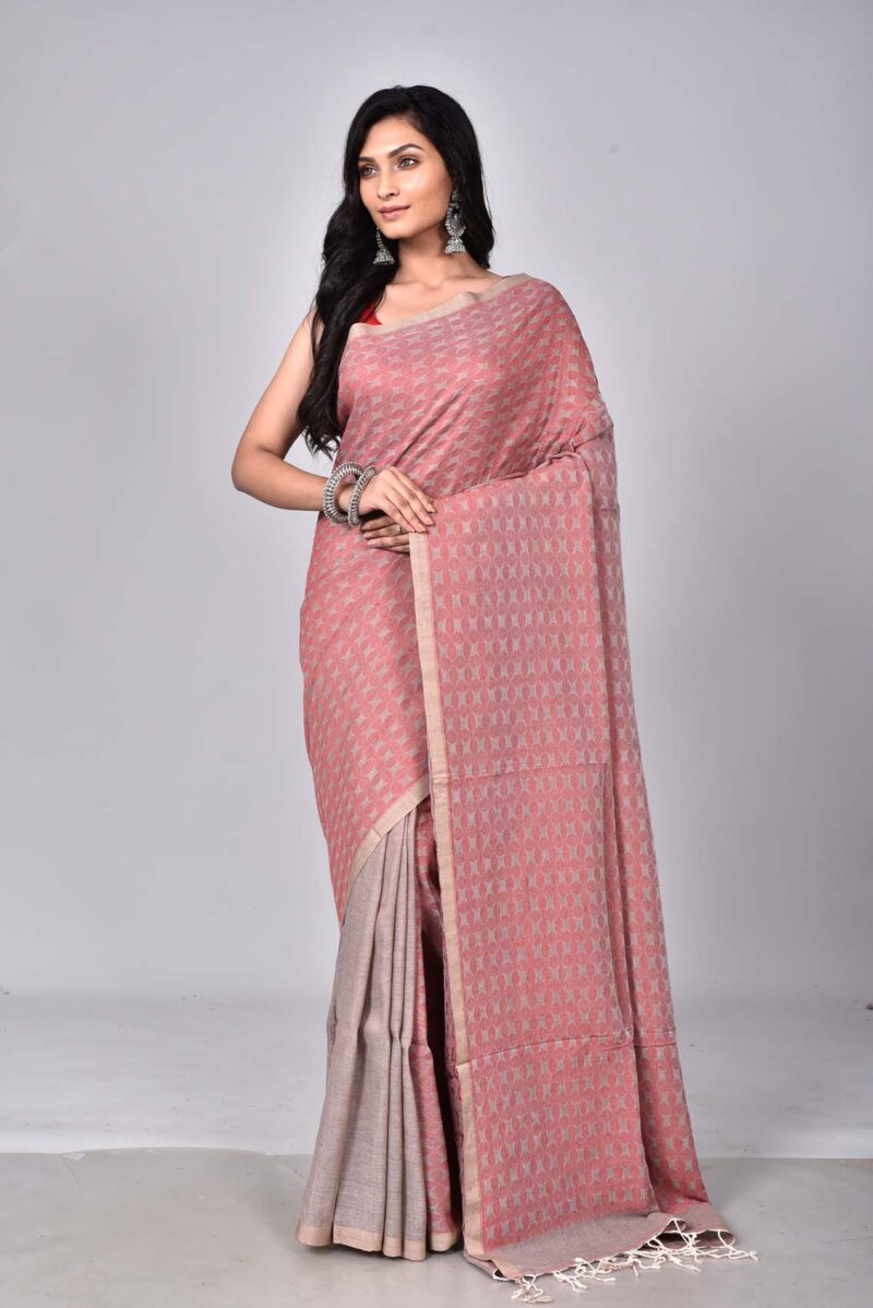 Linen Cotton Jamdani Woven Saree (Light Brown)