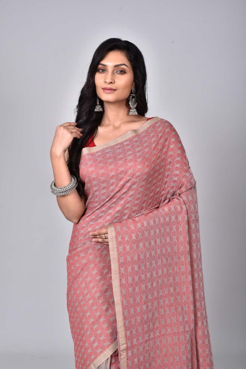 Linen Cotton Jamdani Woven Saree (Light Brown)