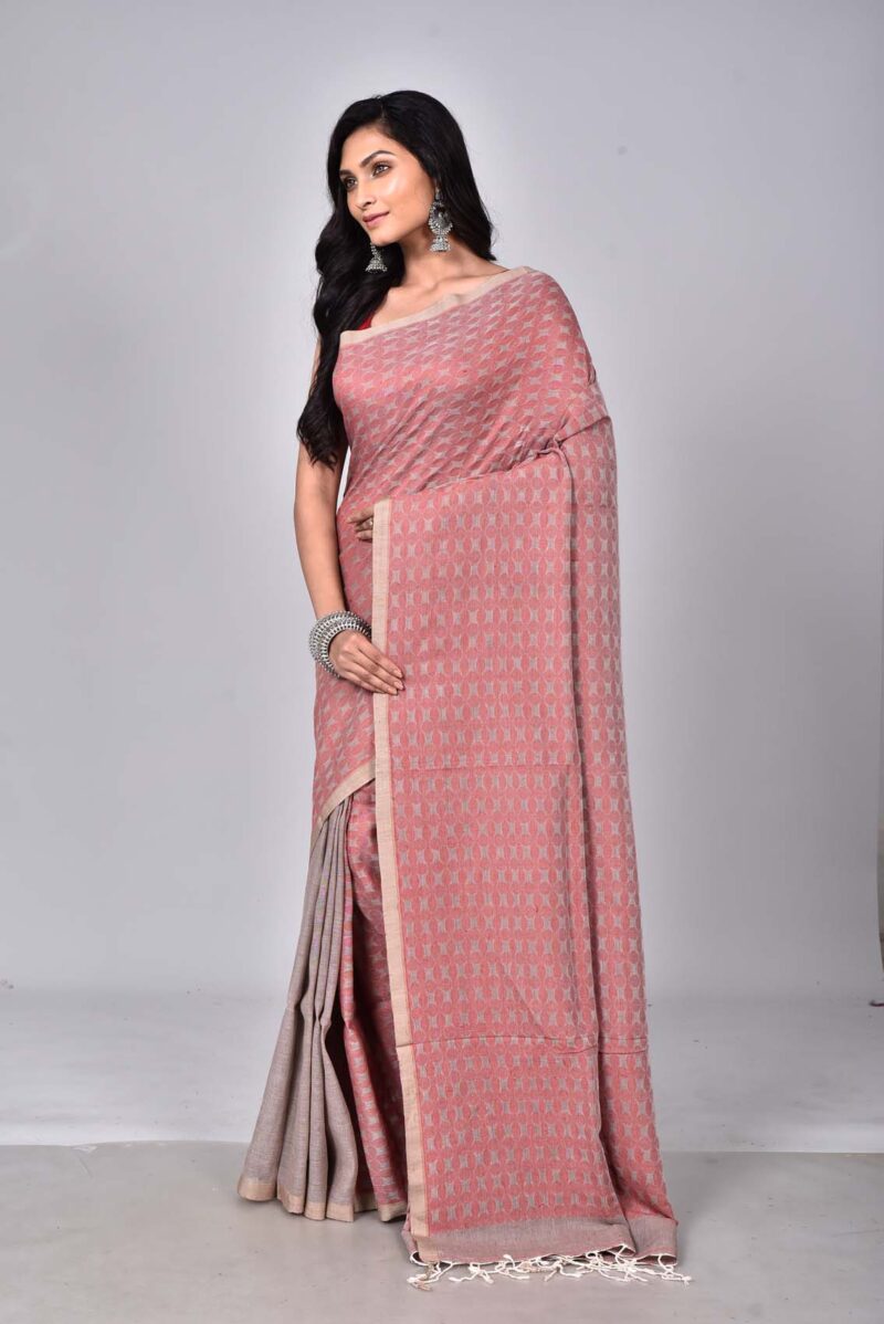 Linen Cotton Jamdani Woven Saree (Light Brown)