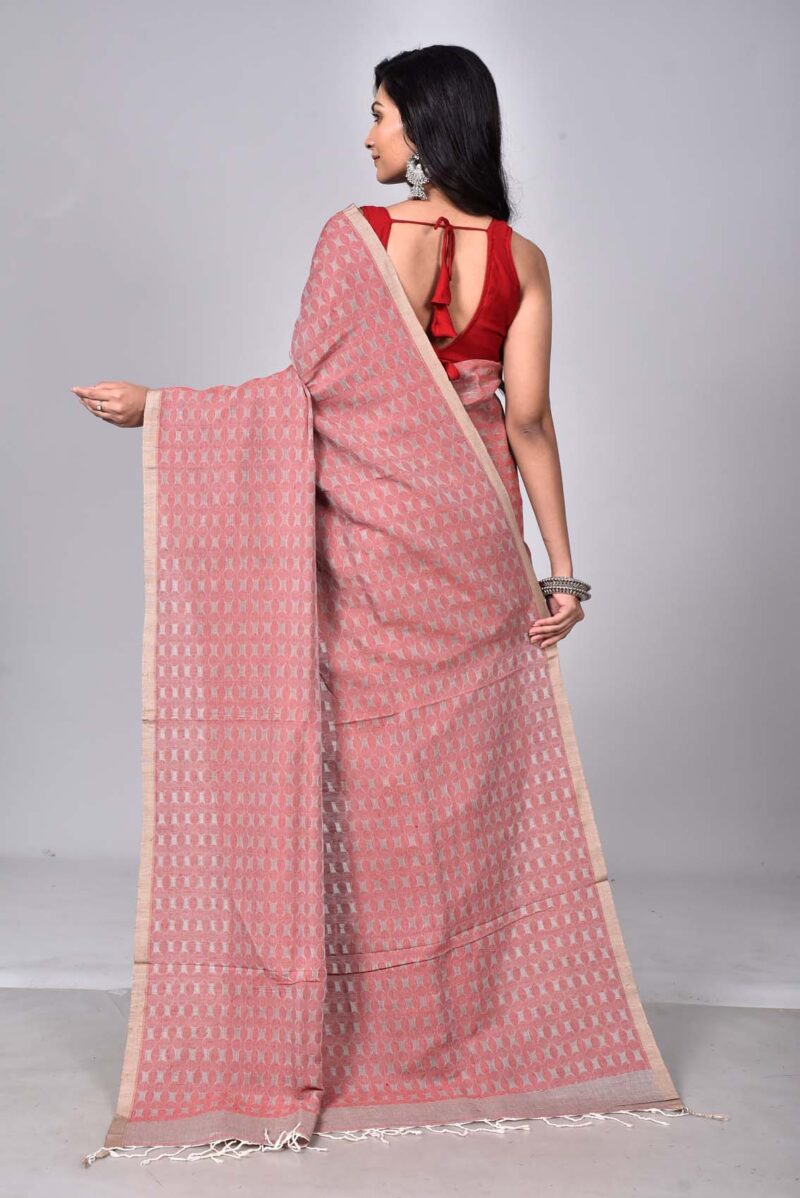 Linen Cotton Jamdani Woven Saree (Light Brown)