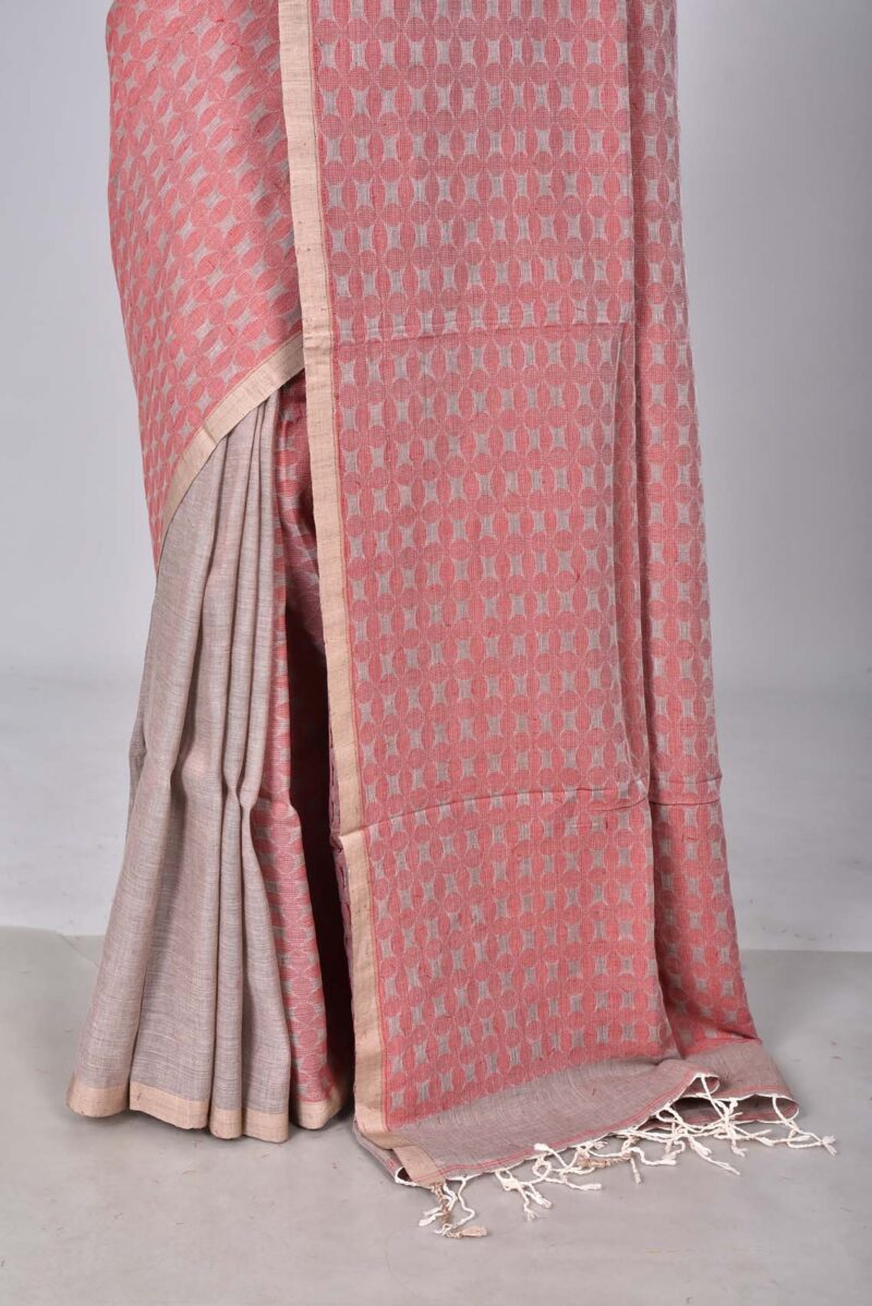 Linen Cotton Jamdani Woven Saree (Light Brown)