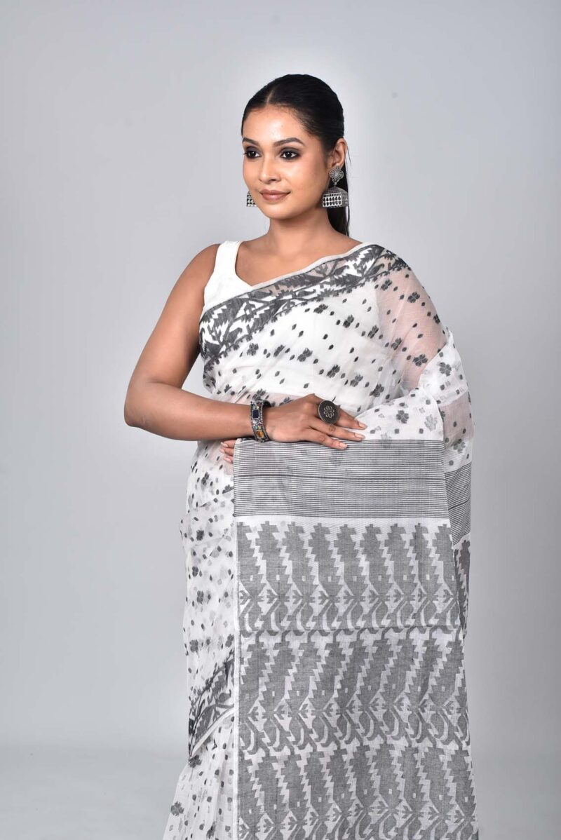 Silk Jamdani Woven Saree (Black White)