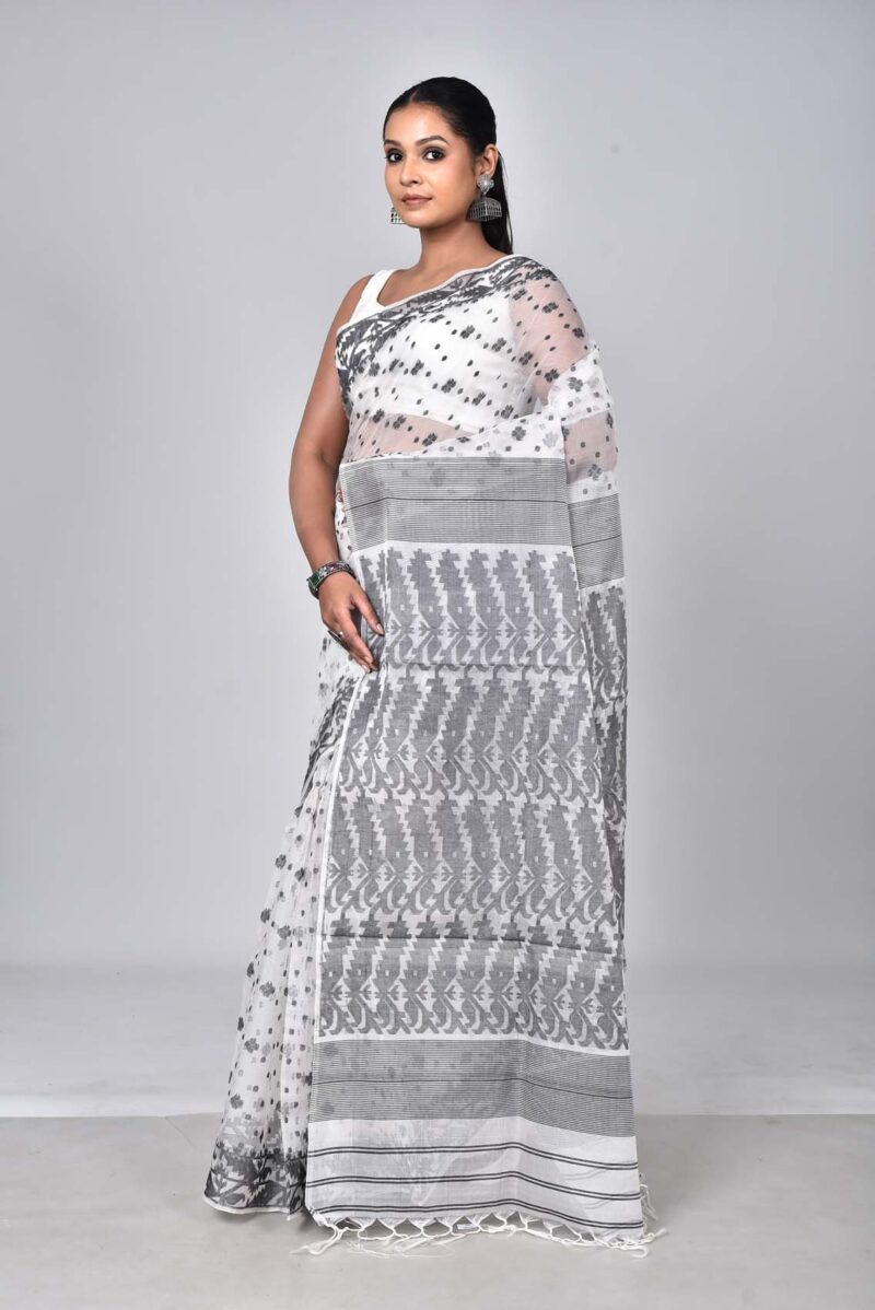 Silk Jamdani Woven Saree (Black White)