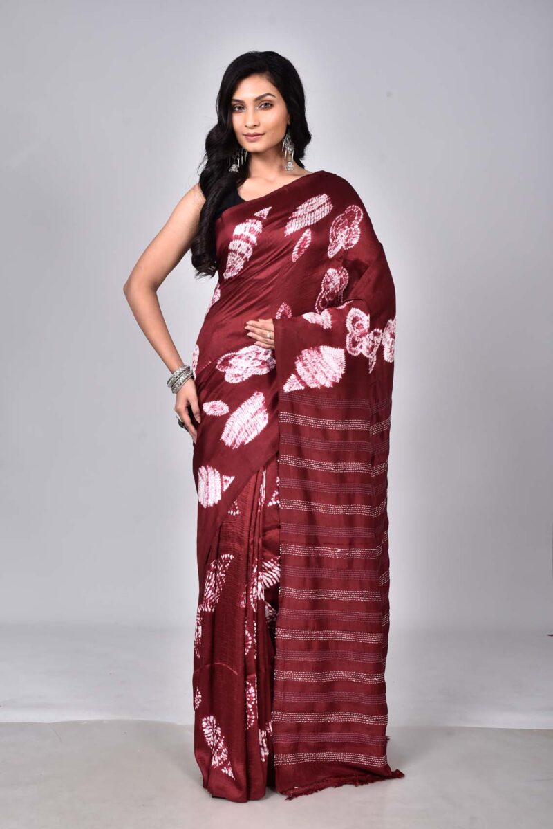 Mulberry Silk with Shibori and Hand Kanta Embroidery (Dark Red)