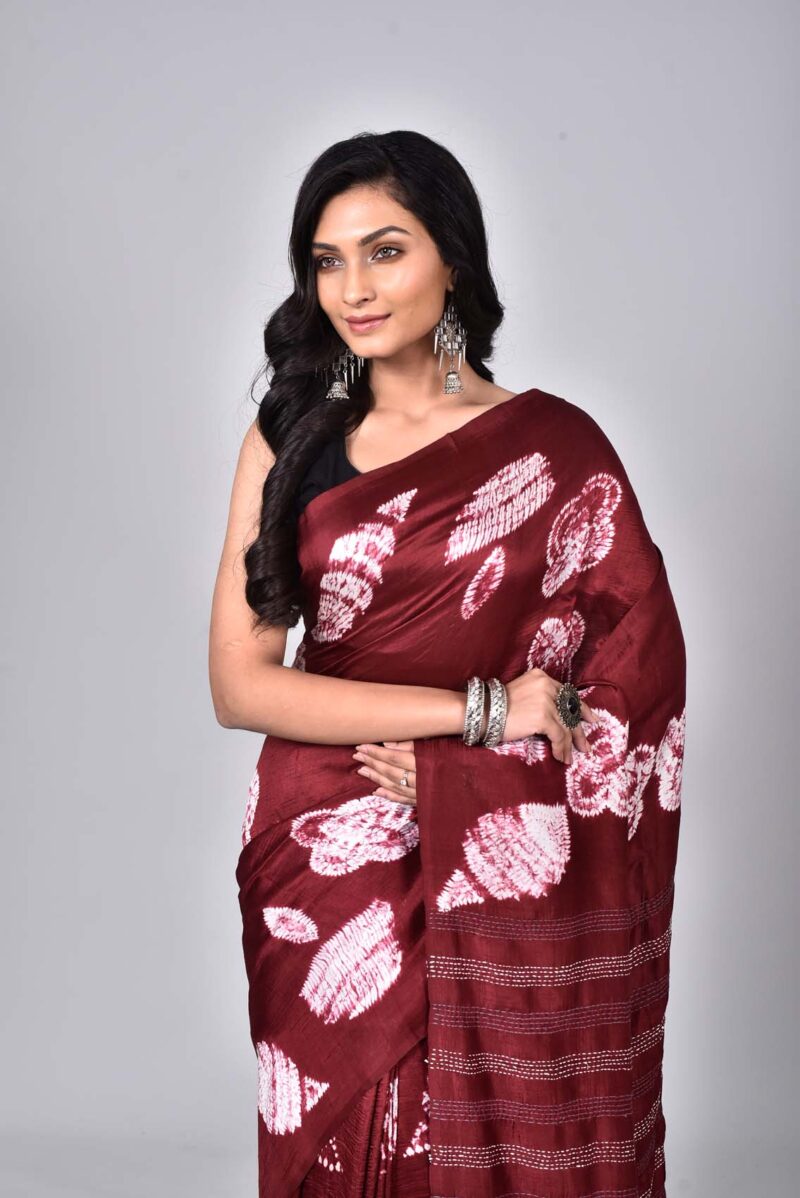 Mulberry Silk with Shibori and Hand Kanta Embroidery (Dark Red)