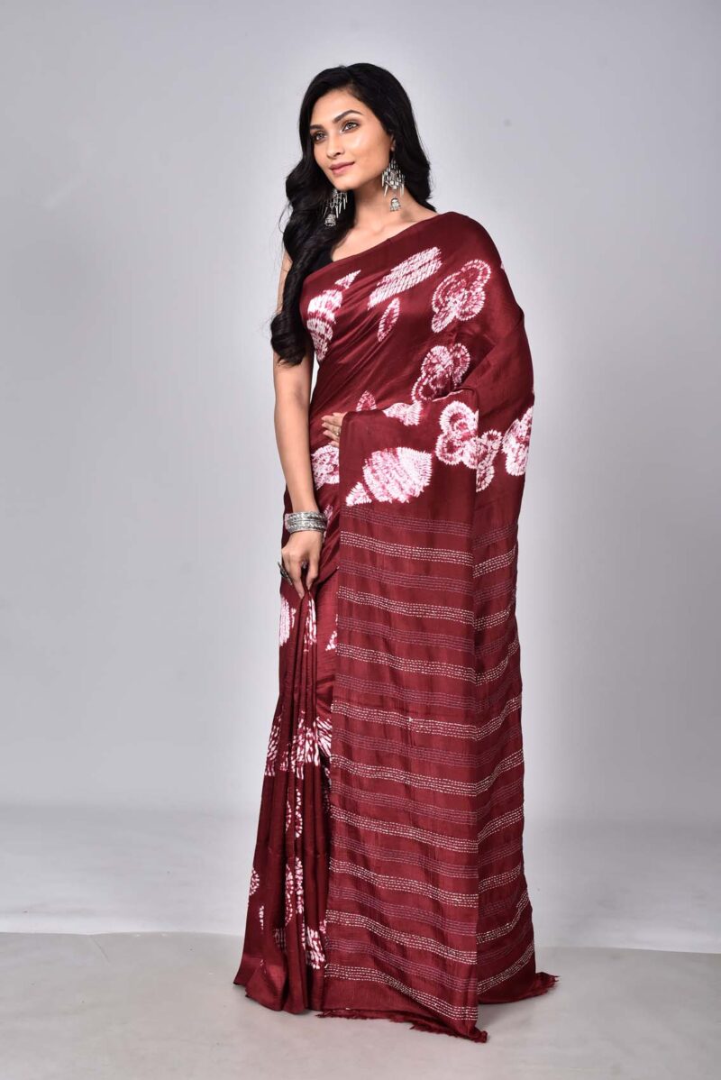 Mulberry Silk with Shibori and Hand Kanta Embroidery (Dark Red)