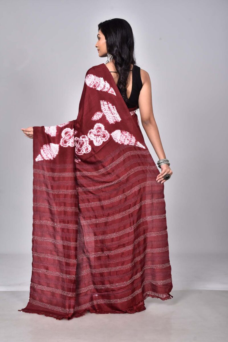 Mulberry Silk with Shibori and Hand Kanta Embroidery (Dark Red)