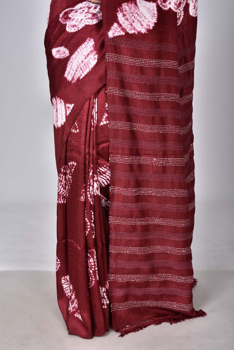 Mulberry Silk with Shibori and Hand Kanta Embroidery (Dark Red)