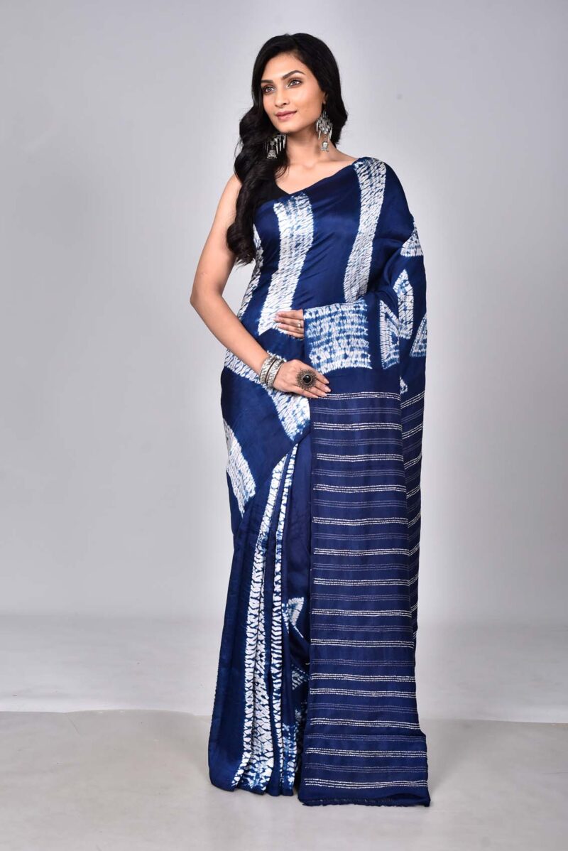 Mulberry Silk with Shibori and Hand Kanta Embroidery (Dark Blue)