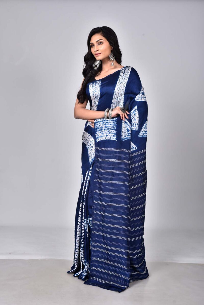 Mulberry Silk with Shibori and Hand Kanta Embroidery (Dark Blue)