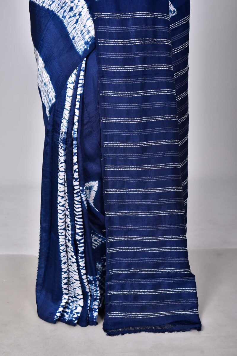 Mulberry Silk with Shibori and Hand Kanta Embroidery (Dark Blue)