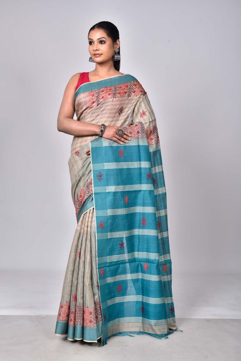 Tassar Silk Sarees with Hand Embroidery Kantha Work (Green Multi)