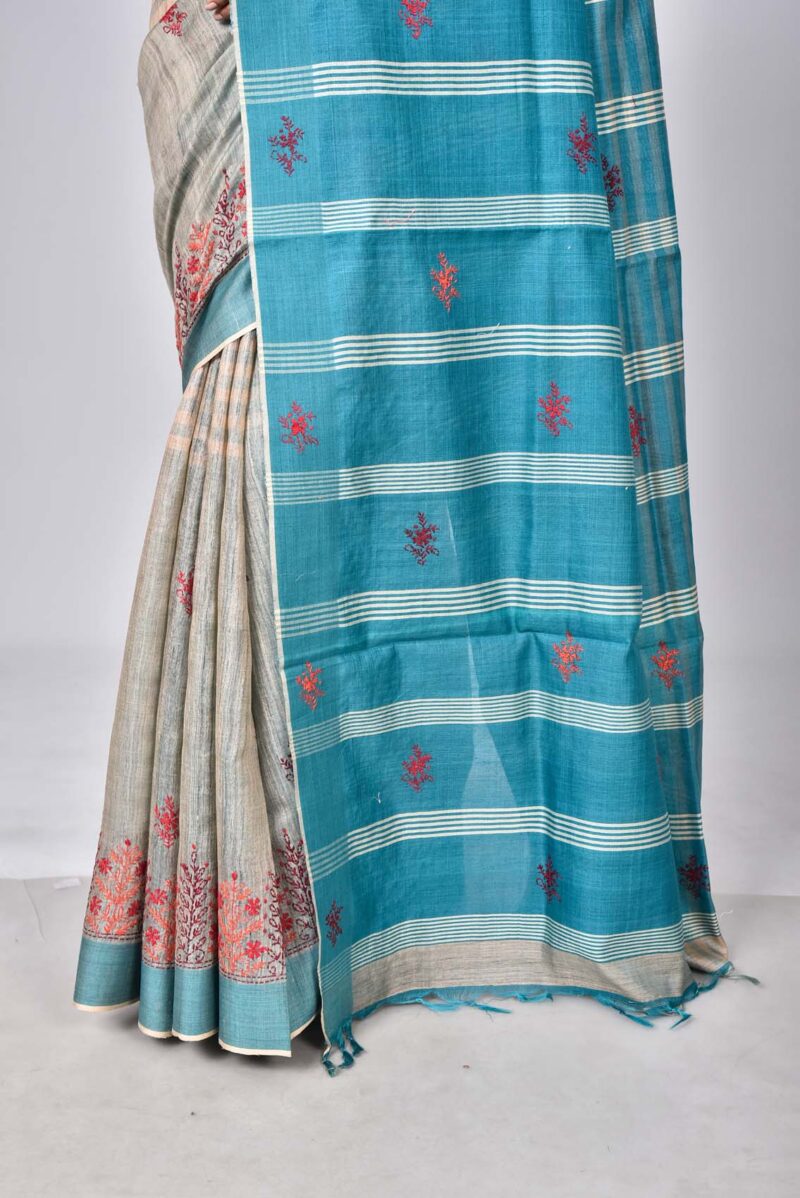 Tassar Silk Sarees with Hand Embroidery Kantha Work (Green Multi)