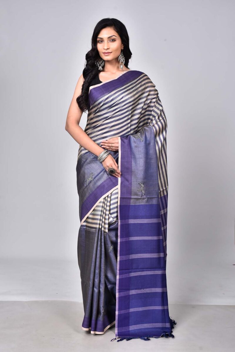 Tassar Silk Sarees with Hand Embroidery Kantha Work (Blue)