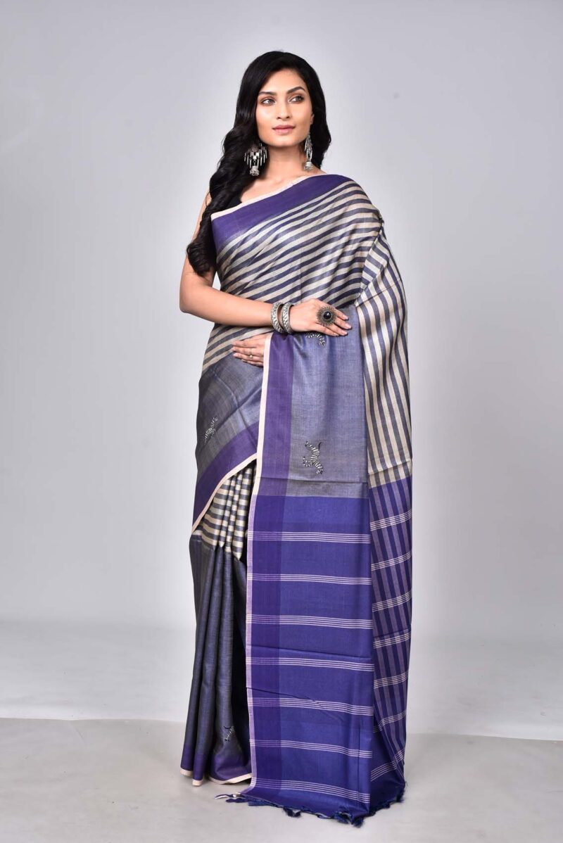 Tassar Silk Sarees with Hand Embroidery Kantha Work (Blue)