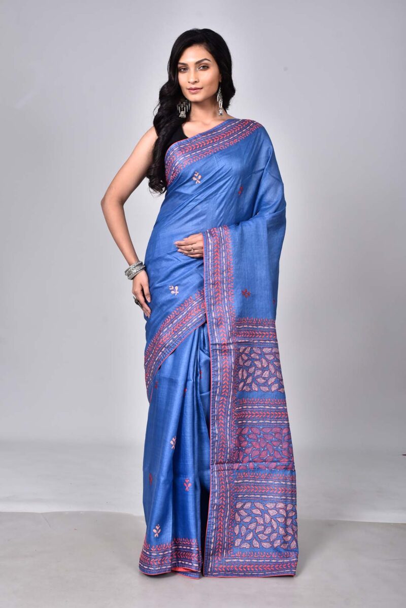 Tassar Silk Sarees with Hand Embroidery Kantha Work (Blue)