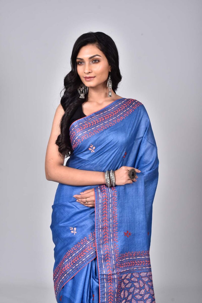 Tassar Silk Sarees with Hand Embroidery Kantha Work (Blue)